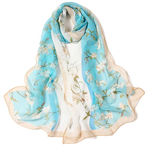 YOUR SMILE Ladies/Women's Lightweight Floral Print/Solid Color mixture Shawl Scarf For Spring Summer season - color: Light Blue Flower