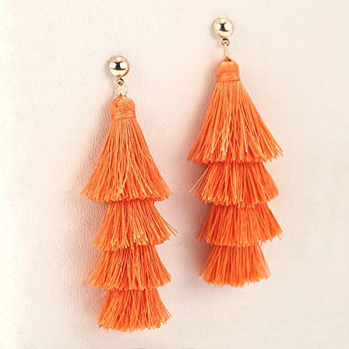 BaubleStar Tassel Earrings Handmade Tiered Thread Tassel Dangle Earrings, Multi Colors - color: Russet Orange