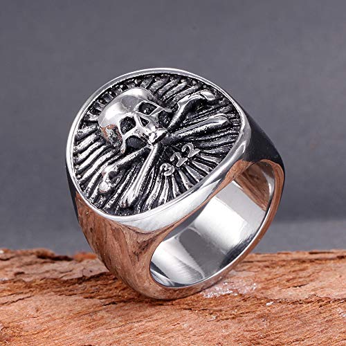 322 Skull and Bones Ring The Order of Death Titanium Steel The Eulogian Club Gothic Elite Heritage Biker Jewelry for Men - color: Silver