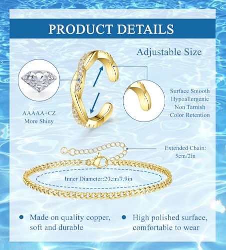 CASDAN 13Pcs Toe Rings and Ankle Bracelets for Women Silver Gold Layered Anklets Chain Adjustable Open Tail Toe Ring Beach Foot Jewelry for Summer - color: Gold,B