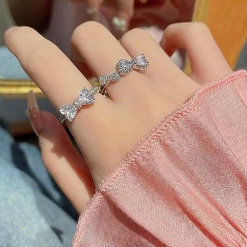 Bow Ring Set for Women Silver Stacking Adjustable Pink Heart Bow Rings Stacking Boho Statement Wedding Engagement Ring Anniversary Birthday Gifts - color: B