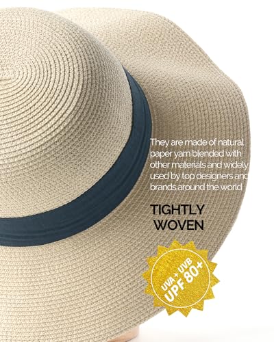 FURTALK Womens Beach Sun Straw Hat UV Protection Travel Packable Foldable Brim Summer UV Hat - color: Beige-sky Blue, size: Large-X-Large