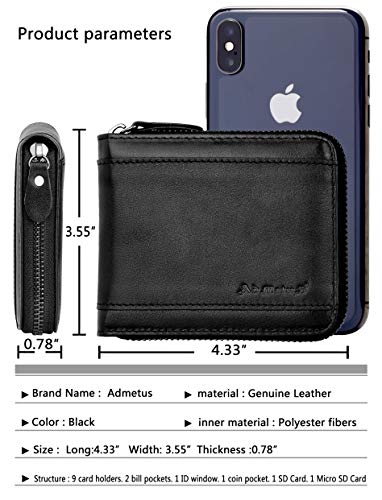Admetus Mens RFID Blocking Wallets Zipper Leather Wallet for Men Bifold RFID Card Holder - color: black10