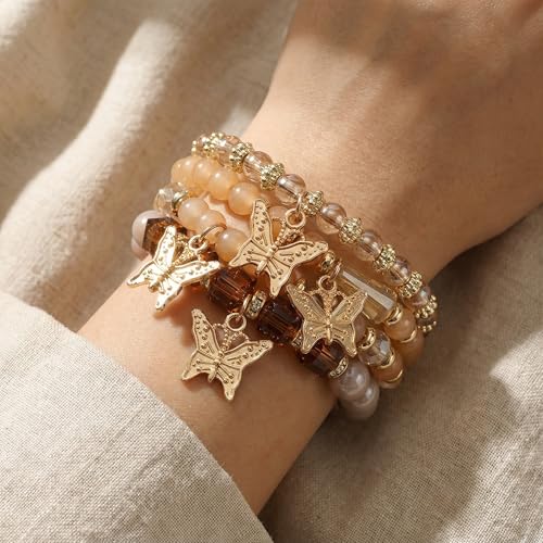 Bohemian Bracelet Sets for Women - 4-Pack Stackable Stretch Bead Bracelets with Black＆White Crystal & Gold Accessories, Multi-Layer Boho Jewelry - color: orange butterfly