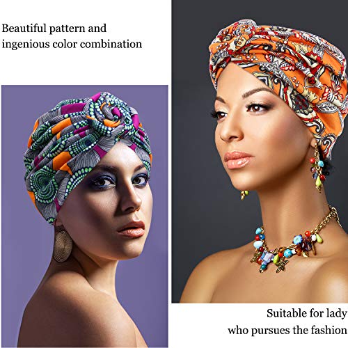 SATINIOR 4 Pieces African Pattern Headwrap Pre-Tied Bonnet Turban Knot Beanie Cap Headwrap Hat - style: Yellow Flower Style