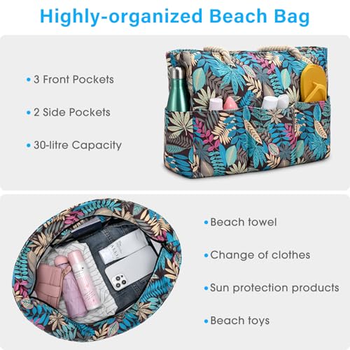 Becokan Beach Bags for Women Canvas Large Beach Tote Bag Zipper Waterproof Sandproof Foldable Swim Pool Bag with 7 Pockets - color: Leaves