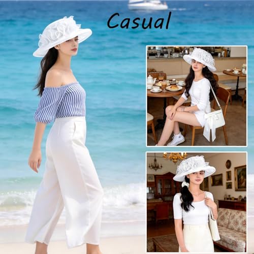 Women's Kentucky Derby Church Dress Hat Wide Brim Leaf Flower Bridal Shower Hat - color: G1-white