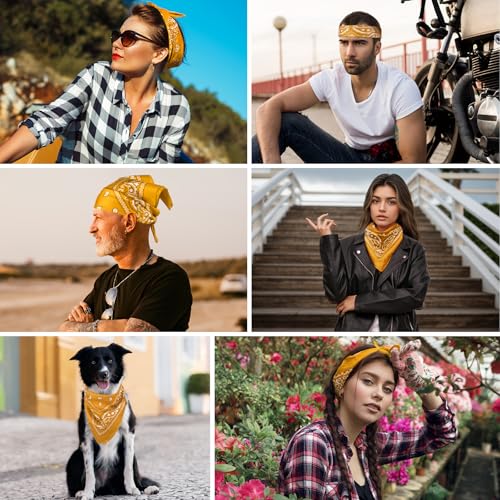 PLULON Bandanas for Men Women 4/12/24/30 Pack, Paisley Pattern Bandana Bulk Headbands Handkerchief Face Mask 100% Polyester - color: Golden Yellow