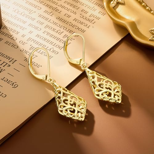 Dangle Earrings for Women, 14K Gold Plated Filigree Dangling Leverback Earrings, Silver Geometric Hypoallergenic Lightweight Dangly Drop Earings for Women Trendy Jewelry Gifts - color: A-14K Gold