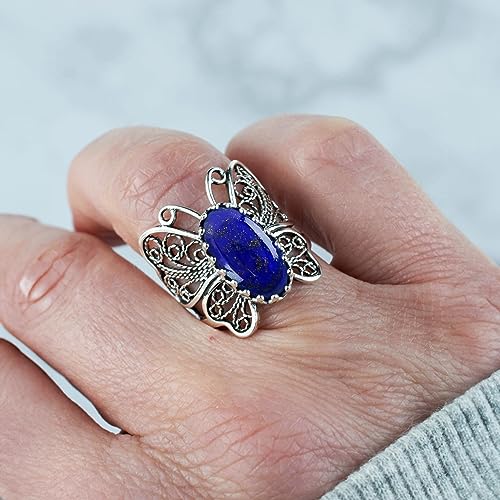 Filigranist Sterling Silver Filigree Art Butterfly Women Cocktail Ring with Gemstones - color: Lapis Lazuli