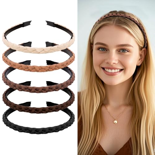 Aprince Braided Headbands for Women&Girls 5Pcs, Thin Headbands Non-slip, Braid Headband with Teeth, Comfortable Brown Hairband, Flexible Hairbands with Fabric, Skinny Boho Head Band, Neutral Color Set