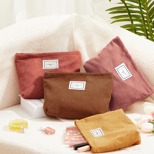 Sanwuta 4 Pack Velvet Makeup Bag Cosmetic Bag for Women Large Capacity Corduroy Pouch Zipper Canvas Travel Toiletry Purse Make up Organizer Case Accessories(Yellow Brown Series,Plaid) - color: Yellow Brown Series