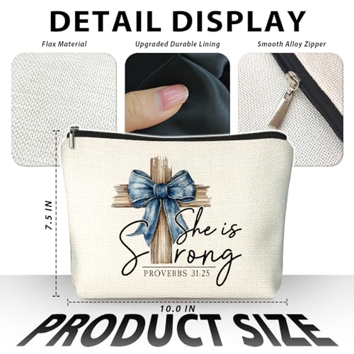 Coquette Blue Bow Christian Makeup Bag, She Is Worthy Blue Girly Cosmetic Bags for Women, Proverbs 31 Woman Gifts, Christian Gifts for Women, Preppy Aesthetic Zipper Makeup Pouch - color: 01- Bible(01)