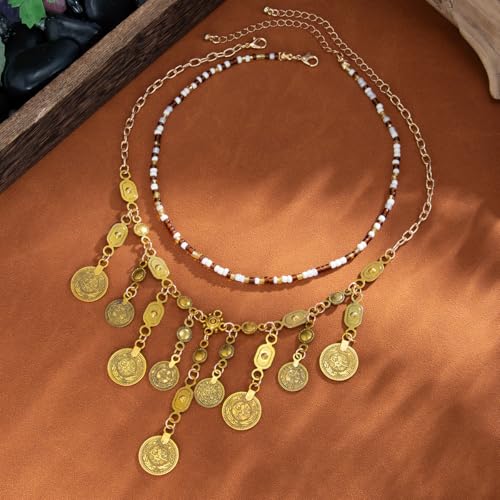 Vintage Cuban Layered Necklaces For Women, 2Pcs Gold Chian Pendant Beaded Choker Western Boho Stack Cowgirl Statement Dainty Necklace Waterproof Non Tarnish Adjustable Holiday Jewelry Gift
