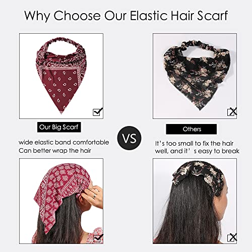 Vercret 6 Pack Hair Scarf Headband for Women Elastic Bandana Head Scarf Large Boho Triangle Kerchief with Clips Non Slip Scarves - color: G Paisley Print