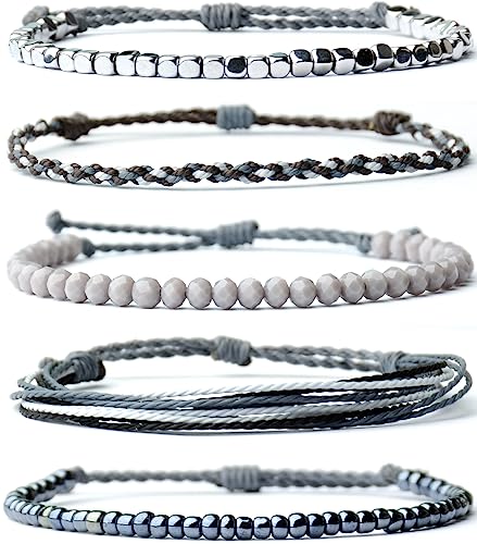Mezcla Vida Handmade Waterproof Rope Bracelets Pack String & Beaded Bracelet Stack - Set of 5 Stackable Bracelets For Women, Summer Accessories & Bohemian Bracelets for Teen Girls - color: Mixed Grey