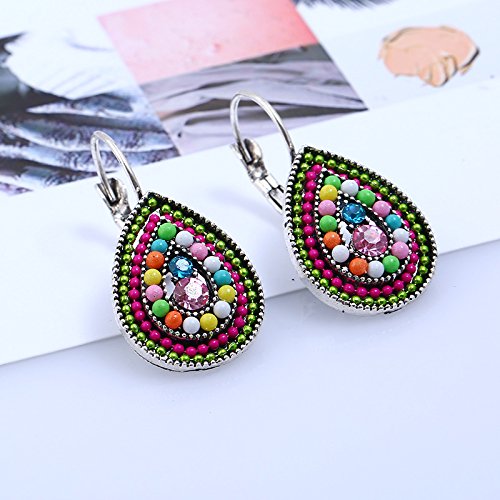 Unique Bohemian Vintage Sparkly Crystal Colorful Round Flower leverback earrings Boho Retro Bronze Circle Beaded Flower Floral Dangle Drop Earrings for Women - color: Colorful 4
