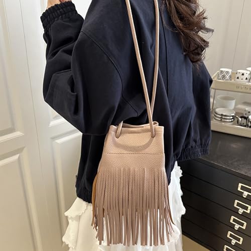 Women Leather Fringe Messenger Bag Mini Hobo Crossbody Tassel Shoulder Bags - color: Solid-khaki