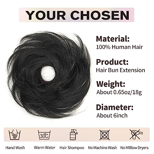 Black Messy Bun Hair Piece, 100% Real Human Hair Extensions, Soft Fluffy Elastic Scrunchie, 30s Easy Updo for Women & Kids, Ideal for Daily Wear, Ballet, Dance & Office Use - color: Jet Black, size: 4 Inch