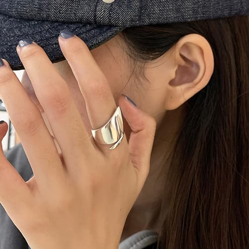 Adjustable 925 Sterling Silver Rings Handmade Wide Silver Ring Boho Thumb Band Statement Rings for Women - color: Pattern 1