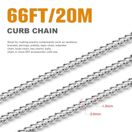 [66 Feet/ 20M] Stainless Steel Curb Chain, 3mm 304 Stainless Steel Flat Twisted Link Chain Roll Spool Curb Chains Bulk for Jewelry Making DIY Craft - color: Stainless Steel, size: 3.0mm width