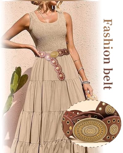 Western Chunky Wide Disc Belt for Women Boho Hollow PU Leather Waist Cowgirl Belt for Dresses Jeans with Metal Buckle - color: Brown