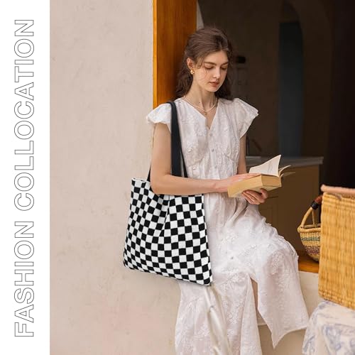 Ayieyill Crochet Tote Bag For Women, Crochet Mesh Beach Tote Bag Summer Vacation Aesthetic Boho Knit Bag for Women - color: N/Black Check