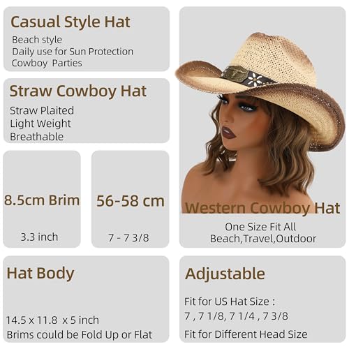 Straw Cowboy Hat, Western Cowgirl Hat, Wide Brim Sun Beach Hat for Men and Women - color: Beige-m28