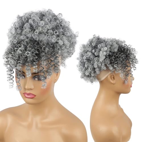 Drawstring Ponytail with Bangs Afro Puff Ponytail Extensions for Women Short Curly Puff Ponytail with Bangs Clip in Wrap Updo Hairpiece for Women (T-gray)… - color: T-gray