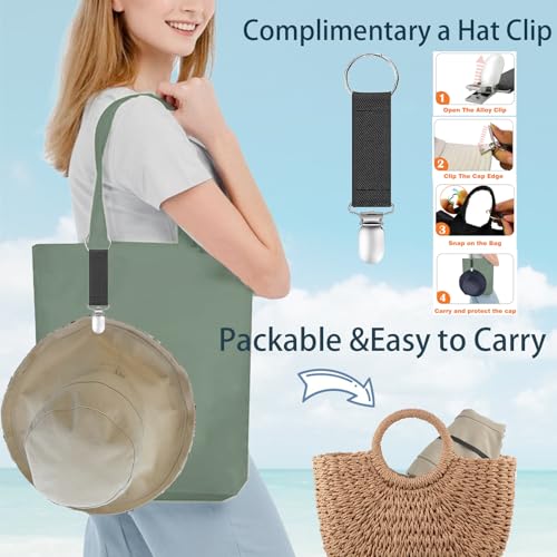 vidsel Womens Sun Hats Wide Brim Reversible Bucket Cotton Hat Packable Summer Travel Cap with Hat Clip,UV Protection - color: Beige, size: Medium