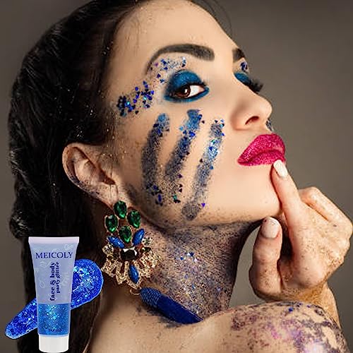 MEICOLY 50ml Holographic Blue Face Glitter Gel,4th of July Body Glitter Outfits for Women,Self-Adhesive Waterproof USA Flag Hair Glitter Makeup for Independence Day Rave Memorial Day 250th Anniversary - color: blue body glitter