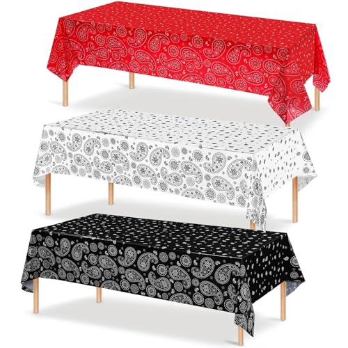 Tatuo Western Party Tablecloth Paisley Table Cover Bandana Plastic Table Cloth Rectangle Floral Tablecloth for Western Cowboy Themed Party 108 X 54 Inch(Red,Black,White,3 Pack) - color: Red,black,white