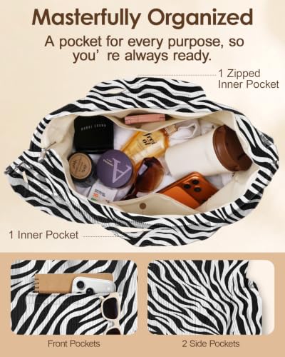 Miss Adola Crossbody Corduroy Tote Bag for Women, Large Tote Bag with Multi-Pockets and Zipper for Travel Work - color: Zebra Print