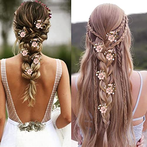 6 Pieces Bridal Flower Wedding Hair Pins Crystal Pearl Hair Pins Clips Headpiece Gold Wedding Hair Accessories Jewelry with Rhinestone for Brides Bridesmaids Women Girls Updo (Cherry Blossoms Pink) - color: Cherry Blossoms Pink