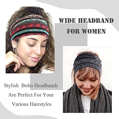 FULZTEY Boho Headbands for Women Fashion Wide Knot Hair Bands Elastic Turban Head Wraps Yoga Running Sweatband Vintage Printed Hair Accessories for Women and Girls 4Pcs - color: Style 1