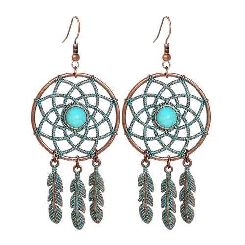 Boho Turquoise Drop Earrings Retro Long Copper Feather Tasse Metal Leaf Dangle Earrings Vintage Country Western Jewelry Cowgirl Ethnic Style Geometric Concert Festival Accessories for Women - color: Green Feather