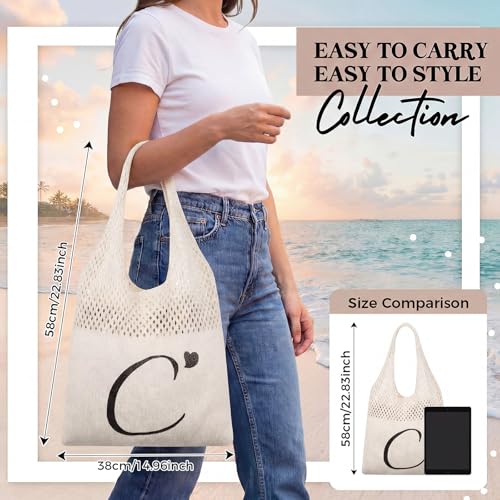 Shinylin Personalized Crochet Tote Bag for Beach Women Beige Mesh Knit Shoulder Bag Boho Aesthetic Tote for Women - style: Letter C