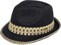 Funky Junque Straw Fedora Hats for Women - UPF 50+ Sun Hat, Short Brim Packable Beach Hat with Woven Pattern - color: Black/Natural