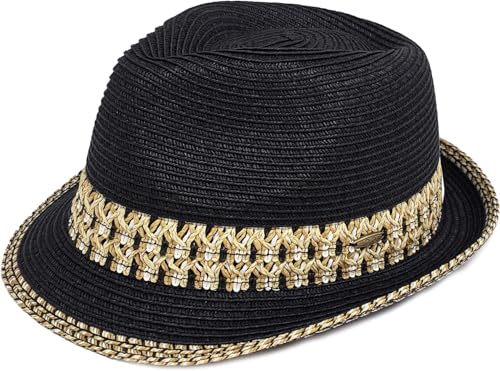 Funky Junque Straw Fedora Hats for Women - UPF 50+ Sun Hat, Short Brim Packable Beach Hat with Woven Pattern - color: Black/Natural