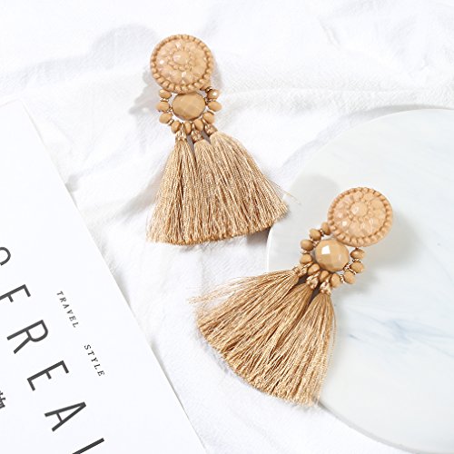 boderier Bohemian Statement Thread Tassel Chandelier Drop Dangle Earrings with Cassandra Button Stud - color: Brown