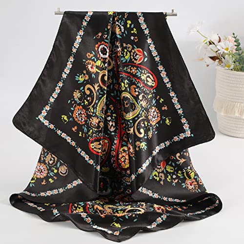 CHLINS 35" Satin Square Hair Scarf Bandanas - 3Pcs Large Silk Head Scarves Lightweight Sleeping Hair Wraps for Women - color: Black+blue+red