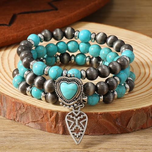 Western Turquoise Beaded Bracelet Stack - Vintage Cowgirl Stretch Set with Bull Skull, Feather & Boot Charms, Handmade Boho Jewelry for Rodeo, Country Concerts & Casual Western Outfits - style: 3