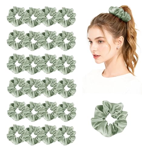 24Pack Satin Scrunchies For Women Silky Scrunchy Silk Hair Ties Ponytail Holder Hairs Bow Ropes Elastics Hairtie Accessories - color: Dusty Blue