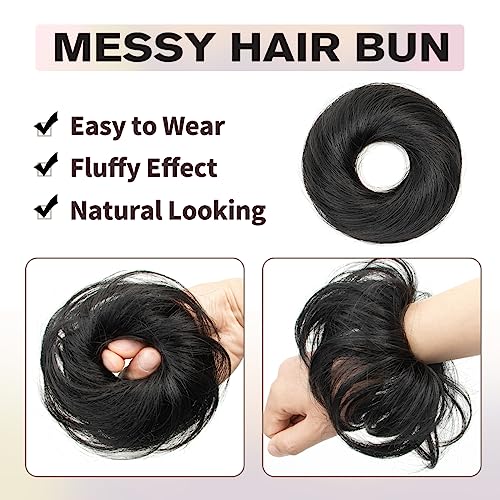 Black Messy Bun Hair Piece, 100% Real Human Hair Extensions, Soft Fluffy Elastic Scrunchie, 30s Easy Updo for Women & Kids, Ideal for Daily Wear, Ballet, Dance & Office Use - color: Jet Black, size: 4 Inch