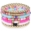 XIANNVXI 7pc Heishi Clay Bead Bracelets for Women Gold Plated Beaded Bohemian Stackable 6.8In Stretch Bracelets Elastic Layering Friendship Jewelry Boho Gift Set - color: Pink Blue
