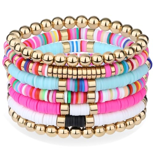 XIANNVXI 7pc Heishi Clay Bead Bracelets for Women Gold Plated Beaded Bohemian Stackable 6.8In Stretch Bracelets Elastic Layering Friendship Jewelry Boho Gift Set - color: Pink Blue
