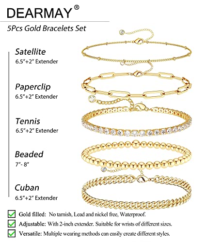 DEARMAY Sterling Silver Plated Bracelets Set for Women Waterproof, Non Tarnish Sterling Silver Link Chain Bracelets Pack Dainty, Fashion Jewelry Gifts for Everyday Comfortable - color: 5Pcs 14K Gold Plated Bracelets C
