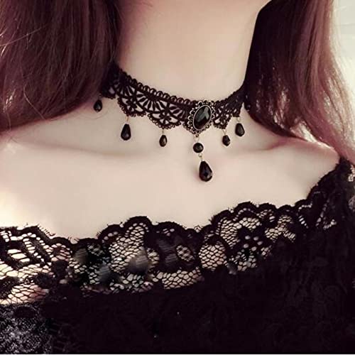 Boho Black Crystal Lace Choker Necklace Tassel Black Teardrop Necklace Choker Gothic Droplet Rhinestone Collar Necklace Retro Vintage Necklace Chain Jewelry for Women and Girls(Black A) - color: Black F