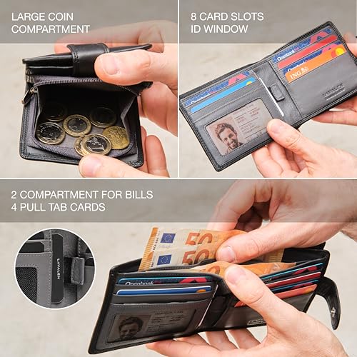 Soft Leather Wallet for Men - Mens Wallet Bifold with Zipper Coin Pocket - Holds Bills, Credit Cards, Coins - Carteras para Hombres Piel - Billeteras de Hombres Cuero Original - RFID Blocking - color: Black - Grey