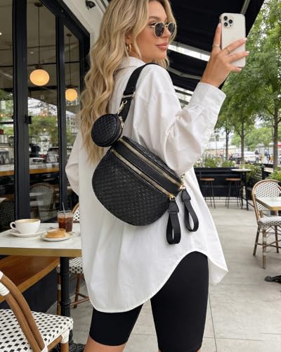 Valentoria Large Woven Leather Crossbody Bags for Women Checkered Bum Bag Sling Bag Purse Adjustable Strap Detachable Wallet | Woven - color: Black Checkered